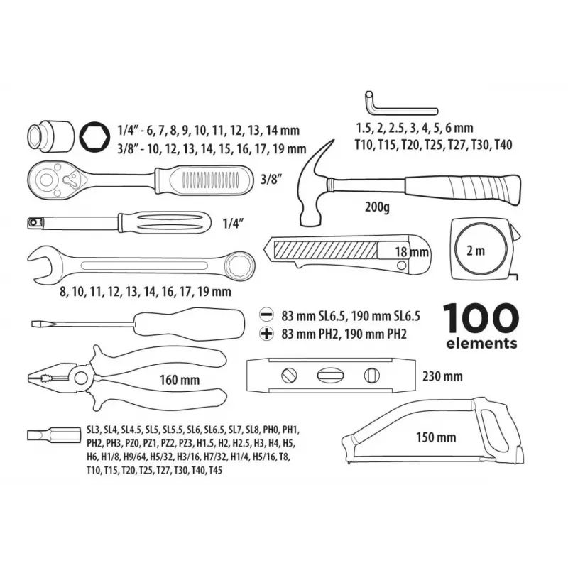 Top Tools 100-teiliger Steckschlüssel- und Werkzeugsatz mit 1/4 Zoll und 3/8 Zoll Antrieb, Chrom-Vanadium-Stahl, 72-Zahn-Ratsche und Kunststoffkoffer