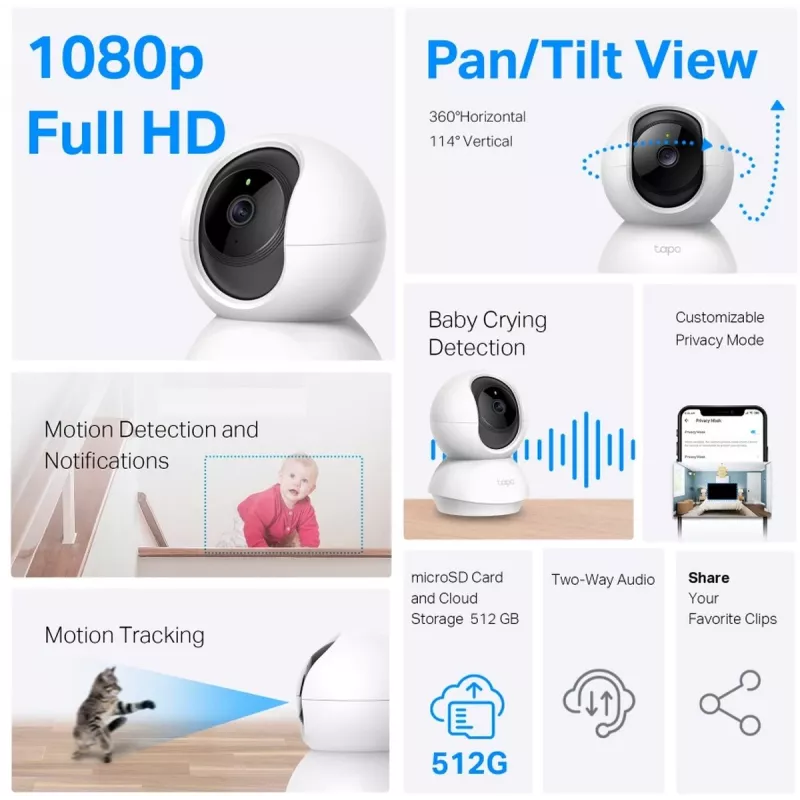 TP-Link Tapo C200C Schwenk-/Neige-WLAN-Überwachungskamera - 1080p Full HD, 360° horizontaler Bereich, Zwei-Wege-Audio, Nachtsicht bis 9m, MicroSD bis 256GB, Weiß
