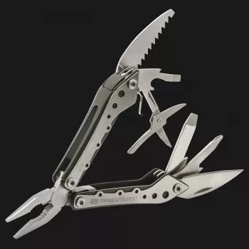 True Utility Minimulti 10-in-1 Taschen-Multitool mit Zange, Messer, Säge, Schraubendrehern, Flaschenöffner, Schlüsselbund-Öse, Silber
