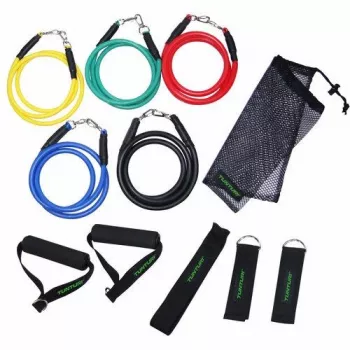 Tunturi Exercise Multifunktionales Widerstandsband-Set – 5 farbcodierte Bänder mit Griffen, Knöchelriemen, Türanker & Tasche