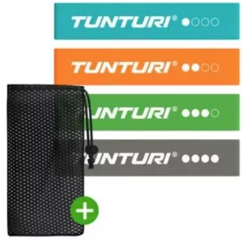 Tunturi Mini Resistance Band Set (4 Stk.) - 100% Naturlatex Übungsbänder mit Aufbewahrungstasche, leicht bis extra schwer