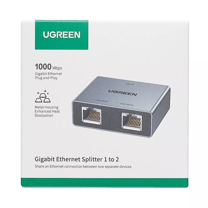 UGREEN 1-zu-2 Gigabit Ethernet-Splitter, 1000Mbps LAN-Netzwerkadapter, RJ45 Stecker auf 2 Buchsen, passiv, Schwarz