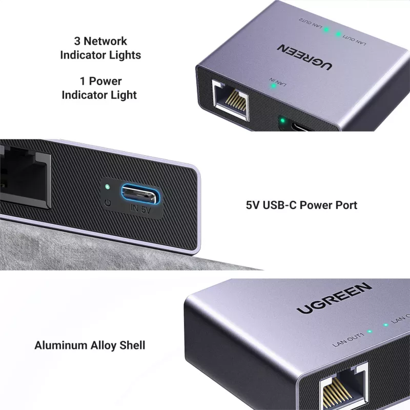 UGREEN 1-zu-2 Gigabit Ethernet-Splitter, 1000Mbps LAN-Netzwerkadapter, RJ45 Stecker auf 2 Buchsen, passiv, Schwarz