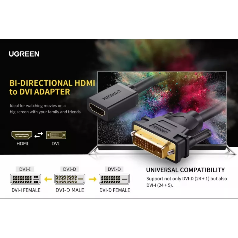 UGREEN DVI-auf-HDMI-Kabeladapter 15cm Stecker auf Buchse 1080p Full HD Schwarz