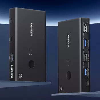 UGREEN HDMI 2.0 KVM Switch 2-In-1 Out, 2 Computer 1 Monitor, 4K@60Hz, 3-Port USB 2.0 Hub, Push Button & Hotkey Switching, Aluminiumlegierung, HDCP 2.2, HDR10