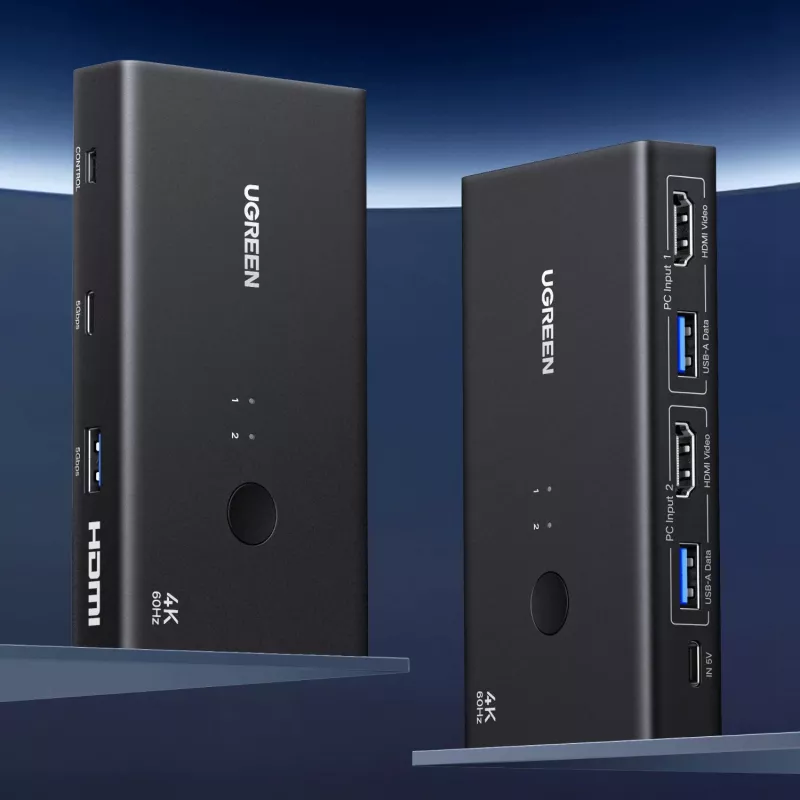UGREEN HDMI 2.0 KVM Switch 2-In-1 Out, 2 Computer 1 Monitor, 4K@60Hz, 3-Port USB 2.0 Hub, Push Button & Hotkey Switching, Aluminiumlegierung, HDCP 2.2, HDR10
