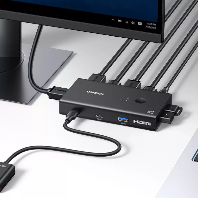 UGREEN HDMI 2.0 KVM Switch 2-In-1 Out, 2 Computer 1 Monitor, 4K@60Hz, 3-Port USB 2.0 Hub, Push Button & Hotkey Switching, Aluminiumlegierung, HDCP 2.2, HDR10