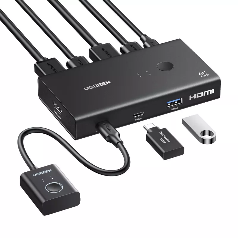 UGREEN HDMI 2.0 KVM Switch 2-In-1 Out, 2 Computer 1 Monitor, 4K@60Hz, 3-Port USB 2.0 Hub, Push Button & Hotkey Switching, Aluminiumlegierung, HDCP 2.2, HDR10