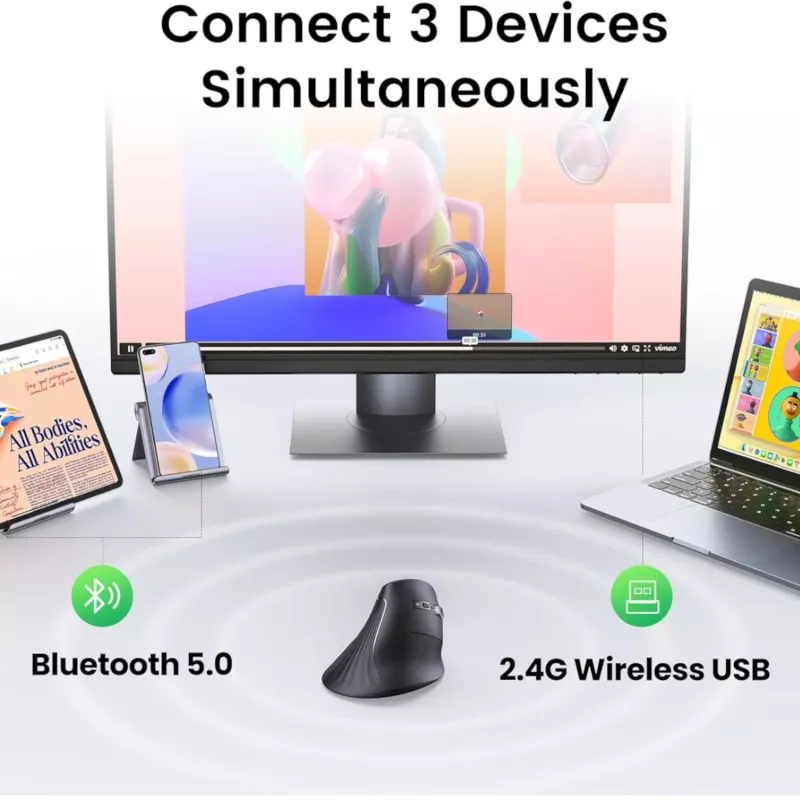UGREEN Multi-Mode Vertikale Maus Bluetooth und 2.4G Wireless – Schwarz