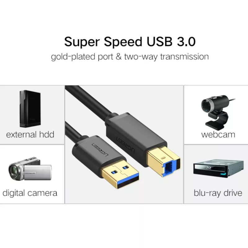 UGREEN US210 USB 3.0 A auf B Kabel, 2m, Schwarz
