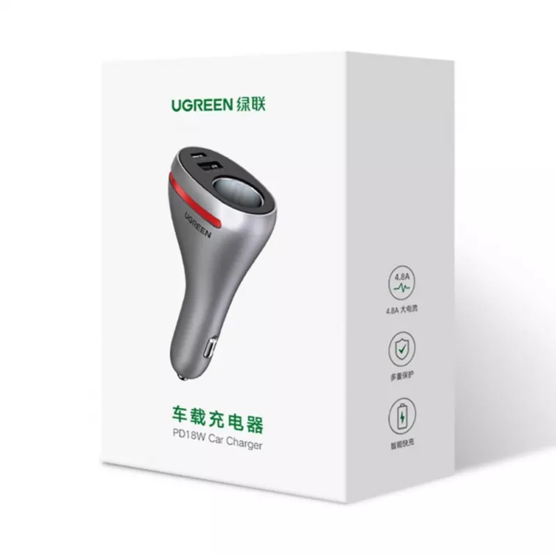 UGREEN USB Type C / USB QC PD 24W Autoladegerät mit 12V Zigarettenanzünderbuchse Silber (CD204)