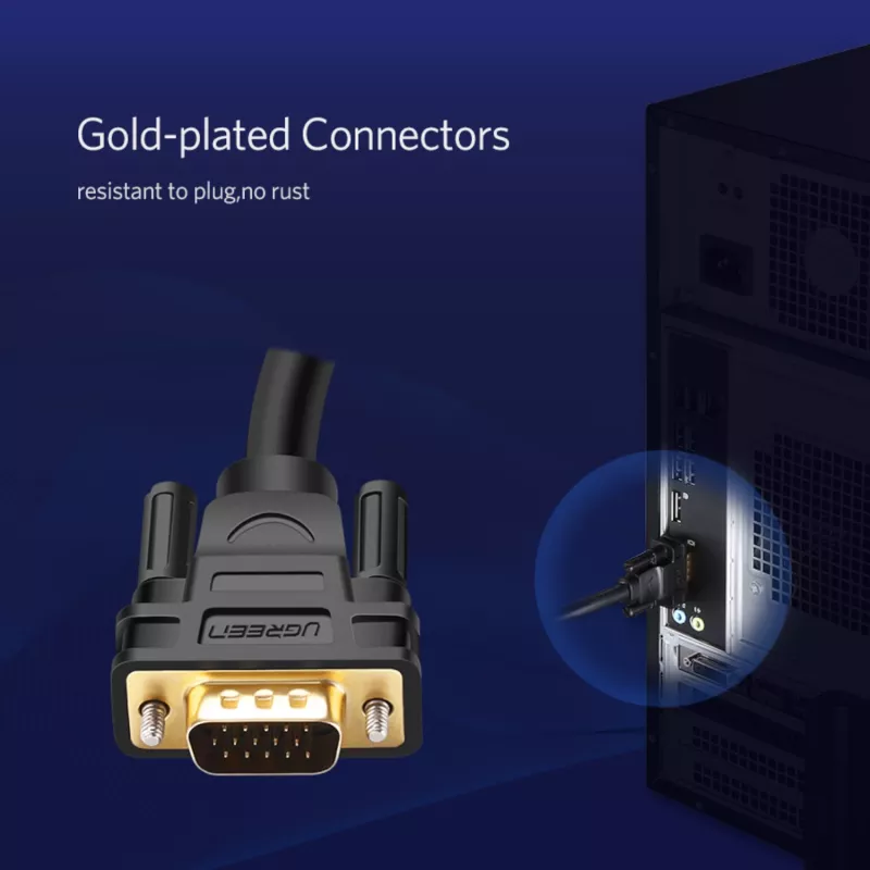 UGREEN VG101 VGA-Stecker-zu-Stecker-Kabel 1,5 m – Full HD 1080p, vergoldete Anschlüsse, doppelte Abschirmung, doppelte Ferritkerne