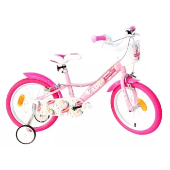 Unicorn 16 Zoll Kinderfahrrad mit Stützrädern, Korb & Puppensitz – Weiß/Rosa