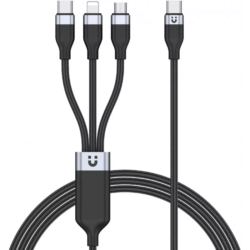 UNITEK 3-in-1 USB-A auf Lightning, USB-C, Micro USB Nylon-Geflecht-Ladekabel 1,2 m Schwarz