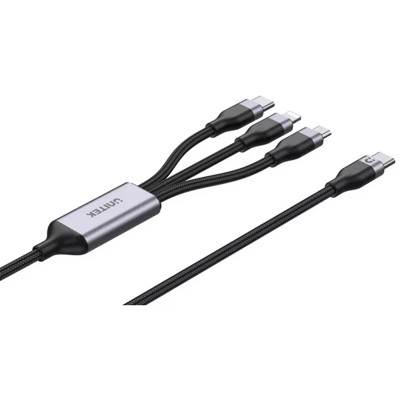 UNITEK 3-in-1 USB-A auf Lightning, USB-C, Micro USB Nylon-Geflecht-Ladekabel 1,2 m Schwarz