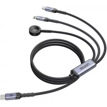 UNITEK 3-in-1 USB-C + Lightning + Apple Watch Ladekabel, 100W PD, 480 Mbps, 1,2 m, Schwarz