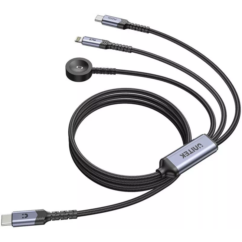 UNITEK 3-in-1 USB-C + Lightning + Apple Watch Ladekabel, 100W PD, 480 Mbps, 1,2 m, Schwarz