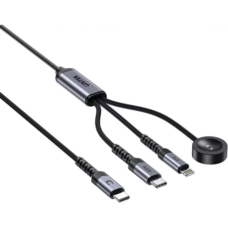 UNITEK 3-in-1 USB-C + Lightning + Apple Watch Ladekabel, 100W PD, 480 Mbps, 1,2 m, Schwarz