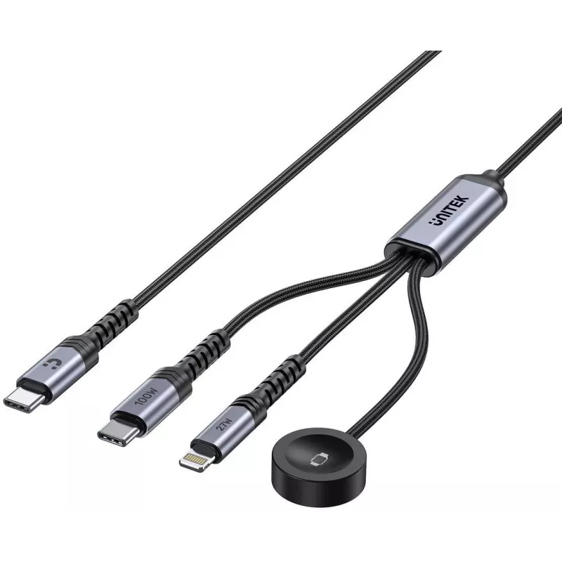 UNITEK 3-in-1 USB-C + Lightning + Apple Watch Ladekabel, 100W PD, 480 Mbps, 1,2 m, Schwarz