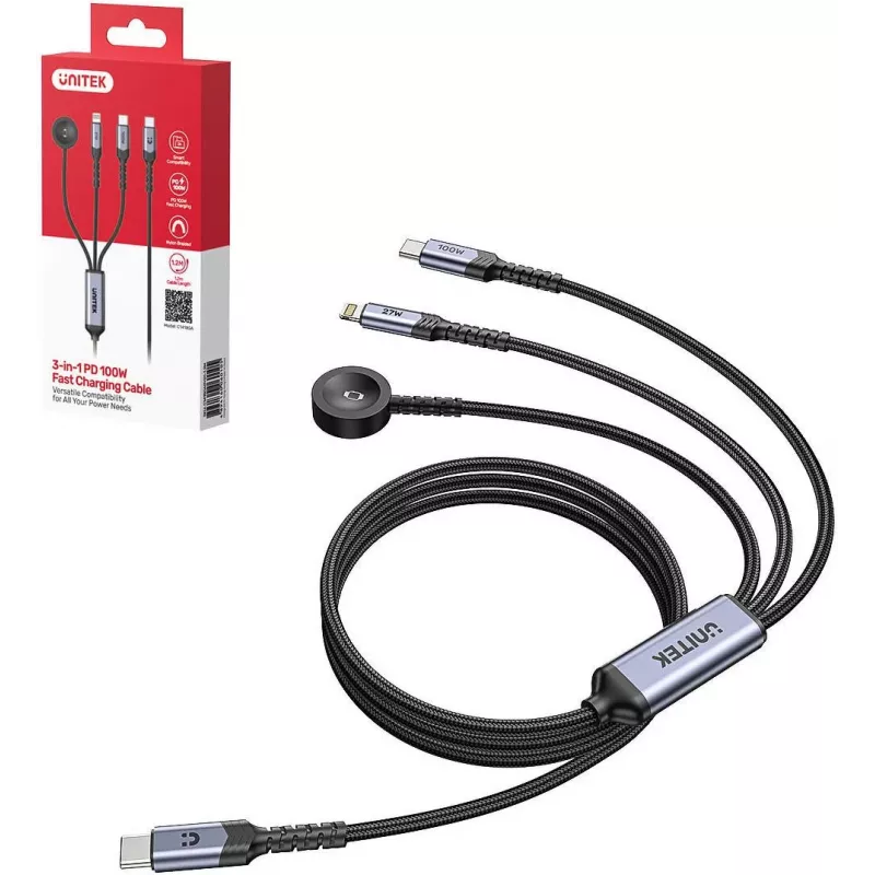UNITEK 3-in-1 USB-C + Lightning + Apple Watch Ladekabel, 100W PD, 480 Mbps, 1,2 m, Schwarz