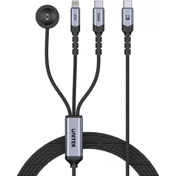 UNITEK 3-in-1 USB-C + Lightning + Apple Watch Ladekabel, 100W PD, 480 Mbps, 1,2 m, Schwarz