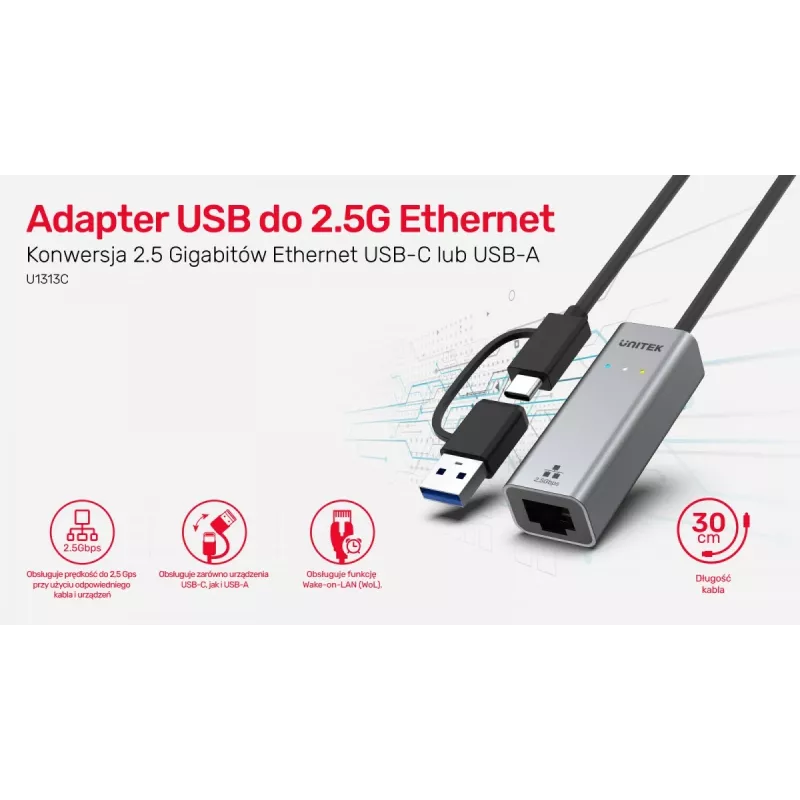 UNITEK USB-A/C 3.1 Gen 1 auf RJ45 2.5 Gigabit Ethernet Adapter U1313C