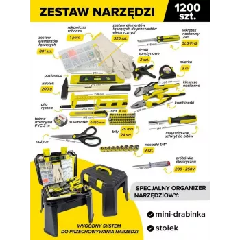 Universal Werkzeug- und Befestigungsset 1200 Stück 1/4 Zoll 6-Kant mit Ratsche, Steckschlüsseln, Schraubendrehern, Schraubenschlüsseln, Inbusschlüsseln, Zangen, Hammer, Messer, Maßband, Wasserwaage, Schrauben, Muttern, Unterlegscheiben, Dübeln, Nägeln, Is