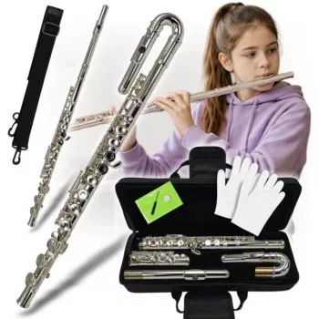 V-TONE SCF 16 Querflöte mit gebogenem Kopfstück, C-Fuß, versilbertes Neusilber, geschlossene Klappen, Split-E-Mechanik, Schülerflöte für Anfänger mit Koffer und Zubehör