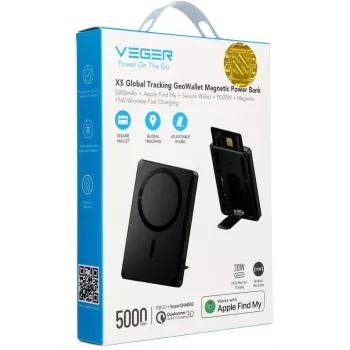 Veger GeoWallet Tracker X5 5000 mAh 20W PD QC 3.0 MFi MagSafe USB-C Power Bank - Schwarz