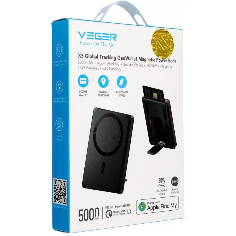 Veger GeoWallet Tracker X5 5000 mAh 20W PD QC 3.0 MFi MagSafe USB-C Power Bank - Schwarz