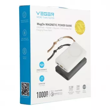 Veger MagOn Power Bank 10000 mAh Weiß - MagSafe-kompatibel, PD QC3.0 20W kabelloses Laden