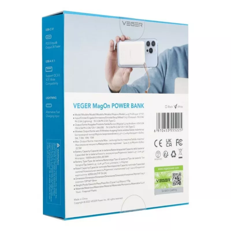 Veger MagOn Power Bank 10000 mAh Weiß - MagSafe-kompatibel, PD QC3.0 20W kabelloses Laden