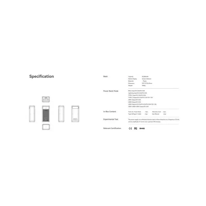 Veger Power Bank Tank Lite (W5001) PD QC3.0 5A 22.5W 50000 mAh Schwarz