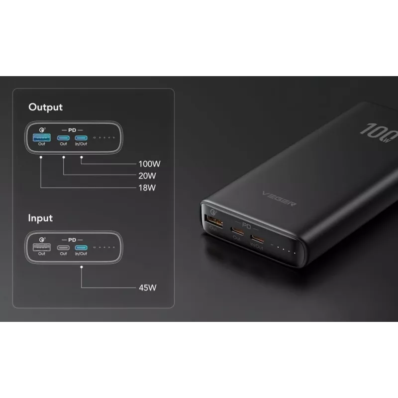Veger Powerbank T100 (W2032C-100) PD QC3.0 5A 100W 20000 mAh Schwarz