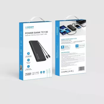 VEGER TCE130 130W PD Power Bank 25000mAh mit integrierten USB-C- und Lightning-Kabeln, Schwarz