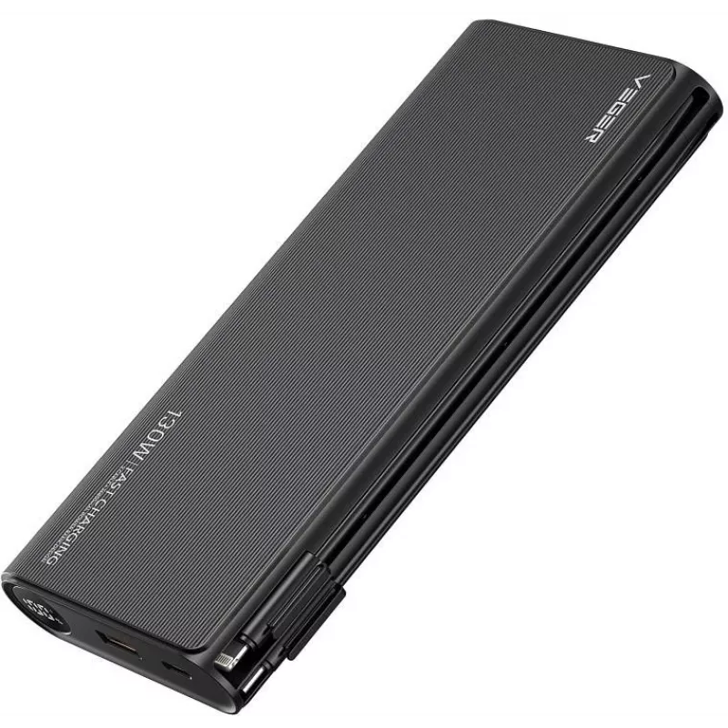 VEGER TCE130 130W PD Power Bank 25000mAh mit integrierten USB-C- und Lightning-Kabeln, Schwarz