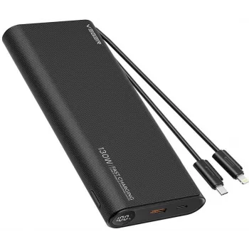 VEGER TCE130 130W PD Power Bank 25000mAh mit integrierten USB-C- und Lightning-Kabeln, Schwarz