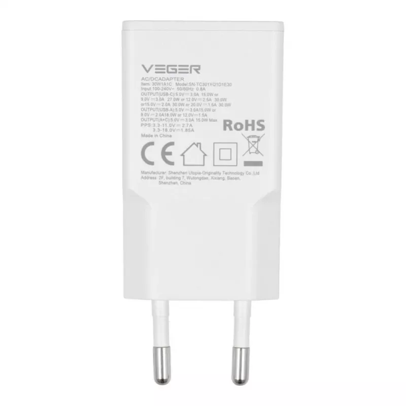 VEGER USB-A + USB-C QC PD 30W Wandladegerät 30W1A1C Weiß