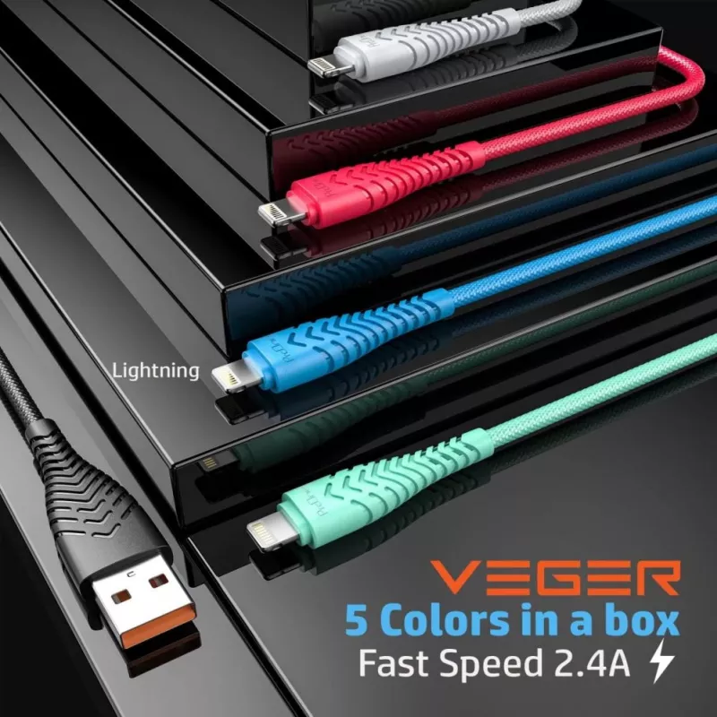 Veger V105 USB-A auf Lightning Kabel 1,2 m Schwarz 2,4A Laden & Synchronisieren