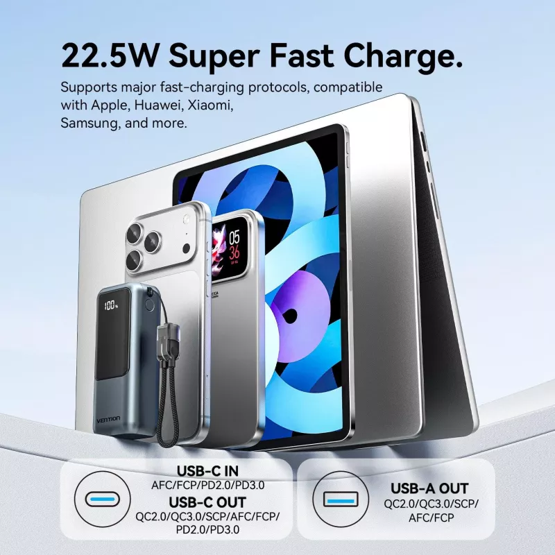 VENTION FKOH0 10000 mAh 22.5 W Wireless Power Bank mit USB-C PD & QC - Schwarz