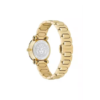 VERSACE V-Motif Damen Swiss Quarz Uhr VE6I00523 35mm Schwarzes Zifferblatt Schwarzes Leder
