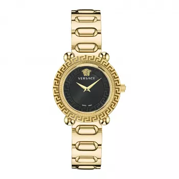 VERSACE V-Motif Damen Swiss Quarz Uhr VE6I00523 35mm Schwarzes Zifferblatt Schwarzes Leder