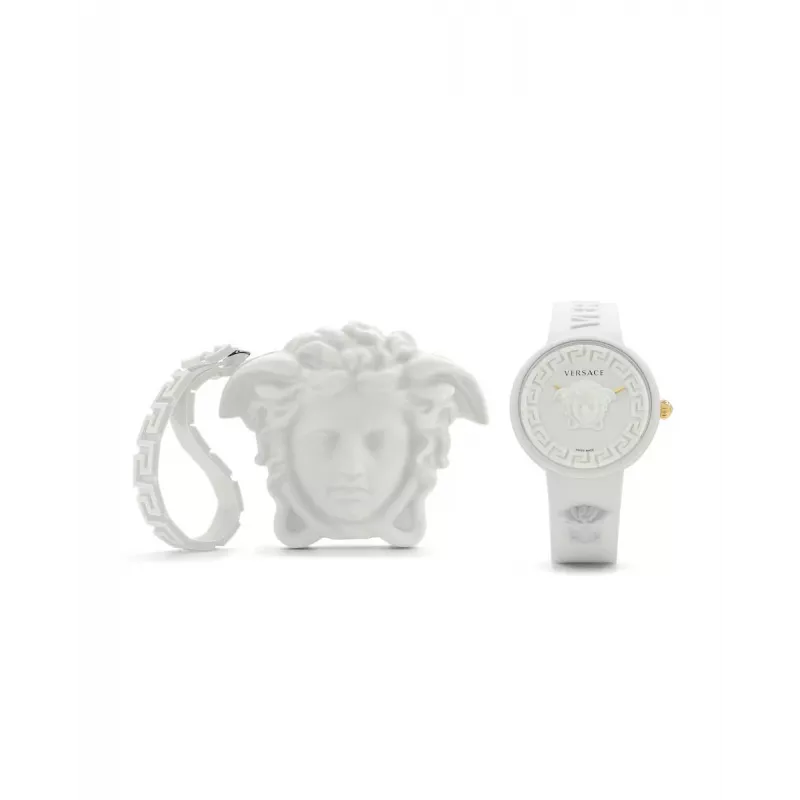 Versace Damen VE6G00123 Swiss Quartz 39mm Edelstahl Uhr mit schwarzem Lederarmband und silbernem Zifferblatt