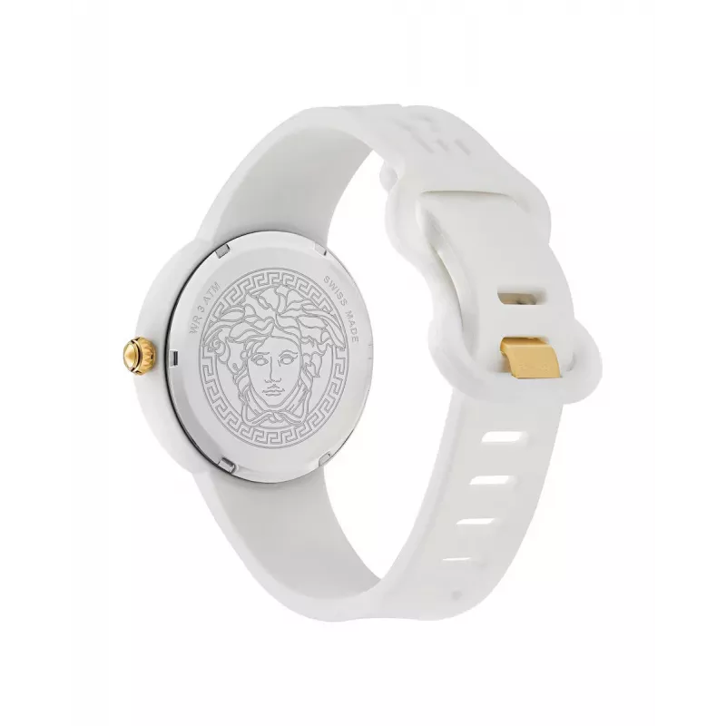Versace Damen VE6G00123 Swiss Quartz 39mm Edelstahl Uhr mit schwarzem Lederarmband und silbernem Zifferblatt