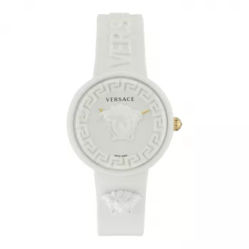 Versace Damen VE6G00123 Swiss Quartz 39mm Edelstahl Uhr mit schwarzem Lederarmband und silbernem Zifferblatt