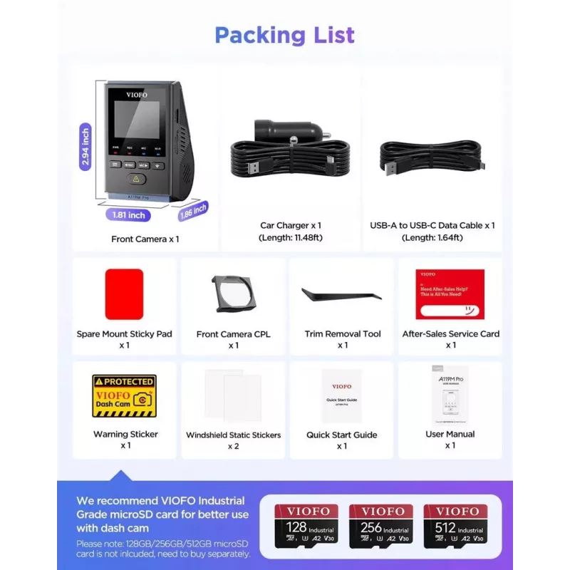 VIOFO A119M Pro 2K QHD Dashcam mit Sony STARVIS 2 IMX675, integriertem GPS & Wi-Fi, Superkondensator, 140° Sichtfeld, 1,5-Zoll-Display