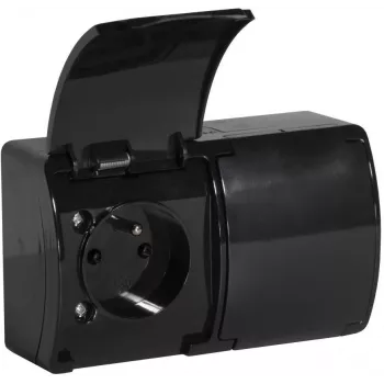 VIPLAST KOALA Doppel-Steckdose mit Schutzkontakt und Klappdeckel, Schwarz, IP44, 16A, 230V, 2 Steckdosen