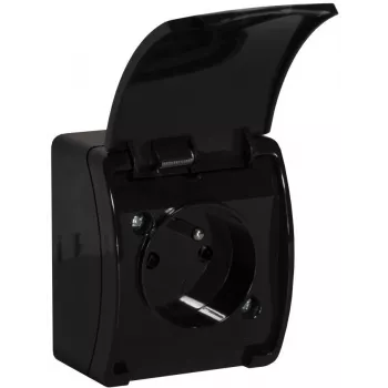VIPLAST KOALA Aufputz-Einzelsteckdose mit Schutzkontakt und Klappdeckel, Schwarz, IP44, 16A, 250V, 2P+E