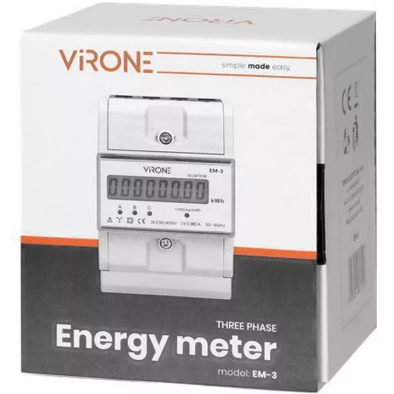 Virone EM-3 3-Phasen-Energiezähler, 80A, 3 Module, DIN-Schiene TH-35mm