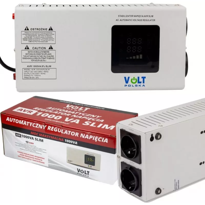 Volt Polska 5AVRZS1000 AVR 1000VA Slim Automatischer Spannungsregler - 600W, 2 Steckdosen, LCD